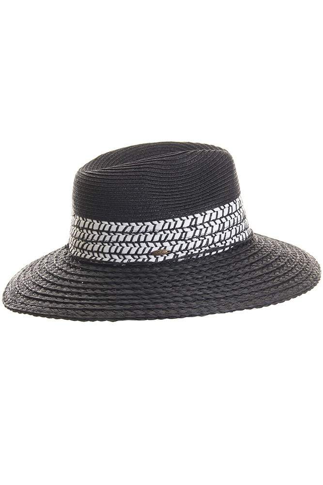 Women's Woven Straw Sun Hat with Band in Black