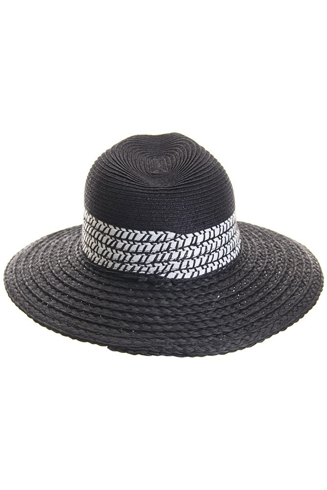 Women's Woven Straw Sun Hat with Band in Black