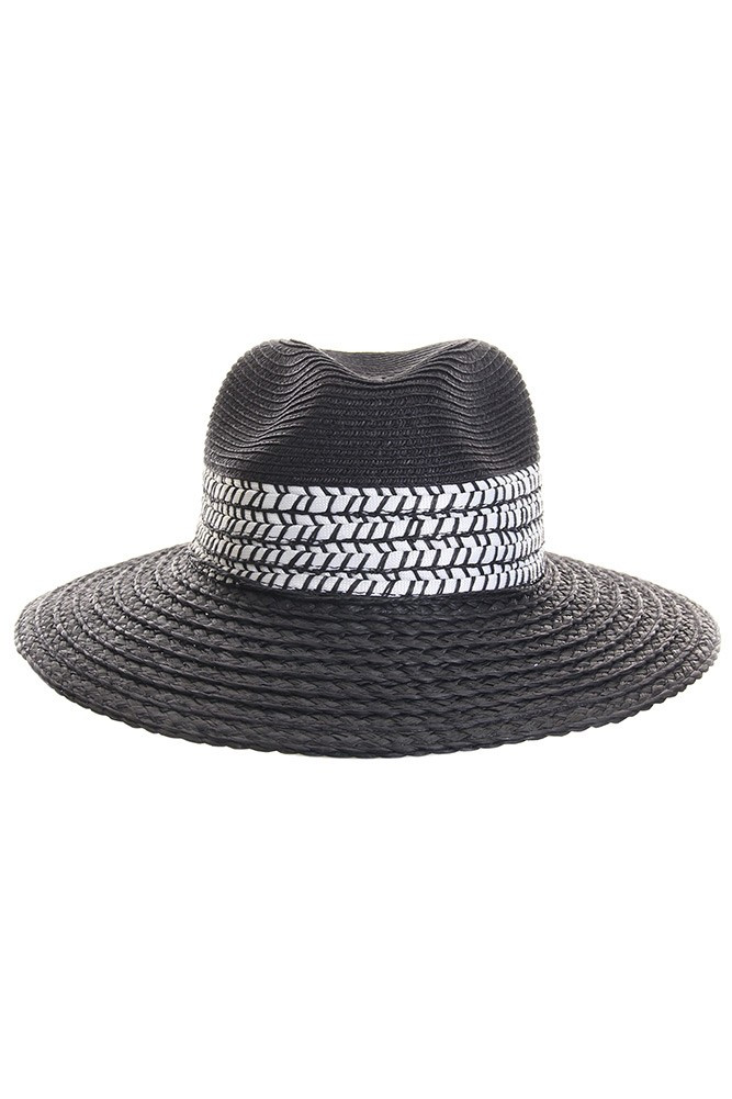 Women's Woven Straw Sun Hat with Band in Black
