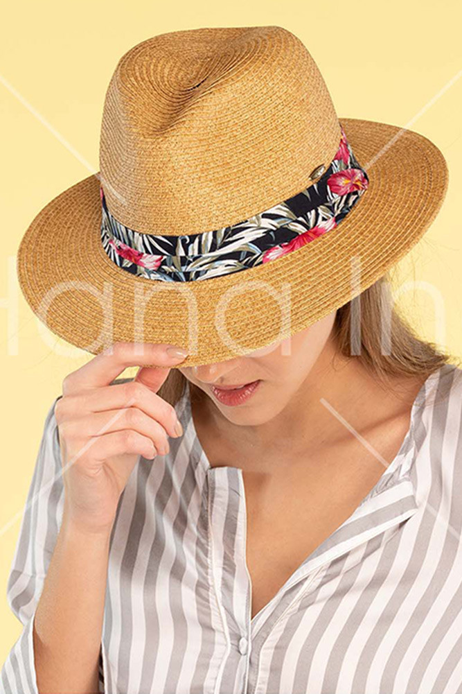 Women's Straw Sun Hat with Print Band – Navy in Navy