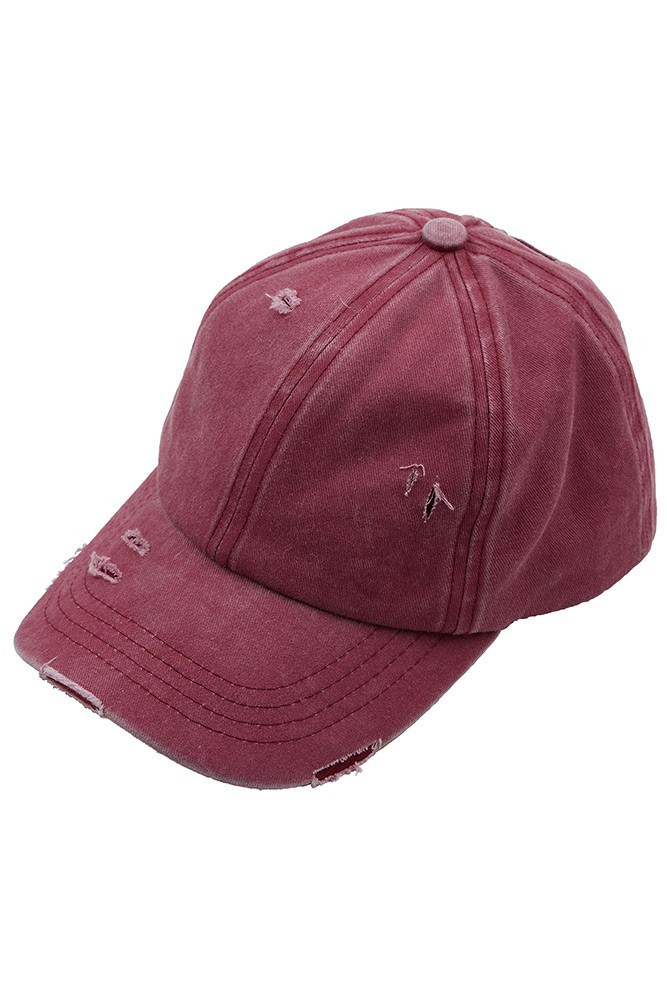 Women's Washed Cotton Mesh Ponytail Baseball Cap in Berry
