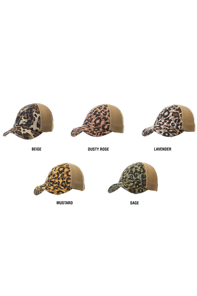 Women's Leopard Print Mesh Ponytail Baseball Cap – Mustard — baseball cap photo 4