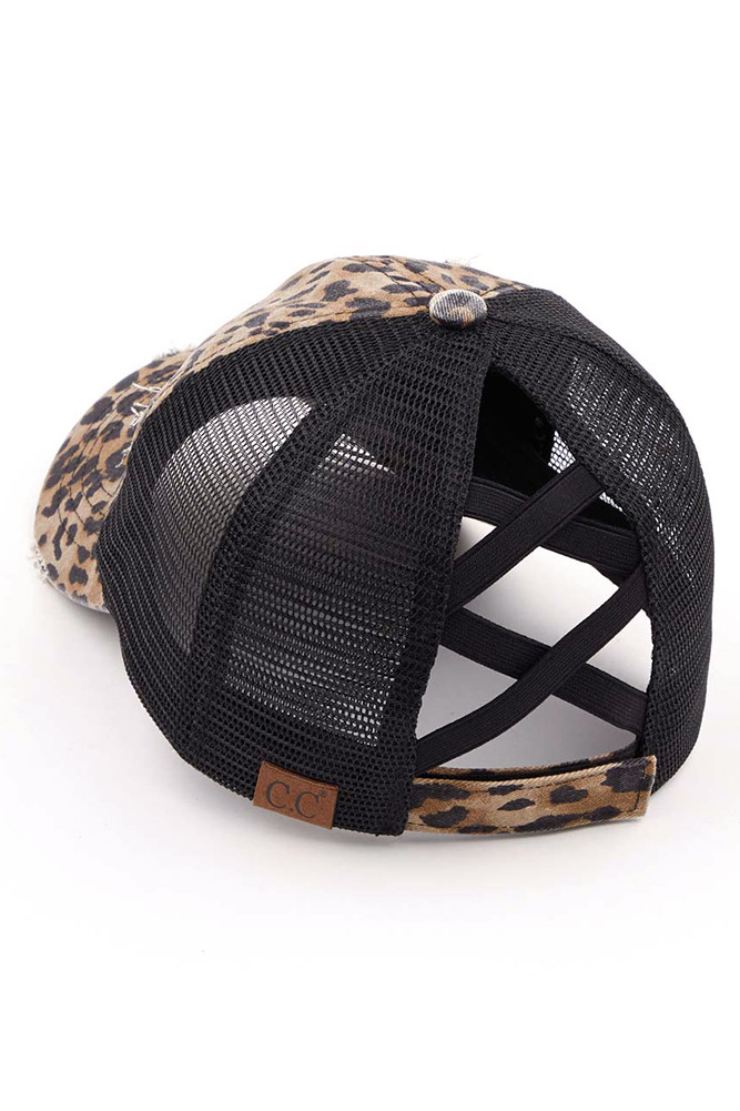 Women's Distressed Mesh Ponytail Baseball Cap in Baby Leopard