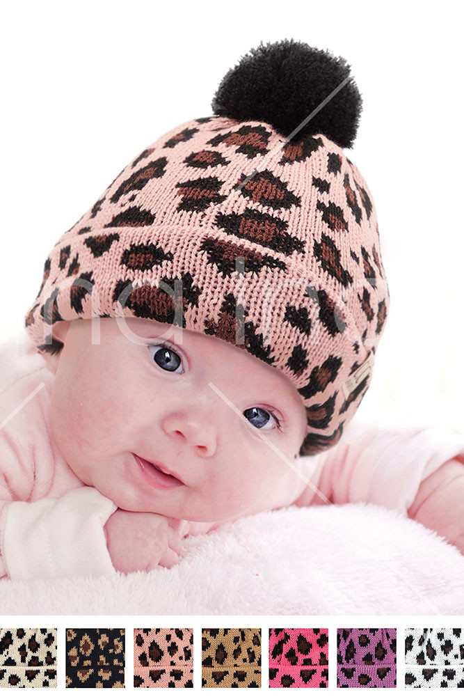 Baby Leopard Print Pom Pom Beanie by BURACQ