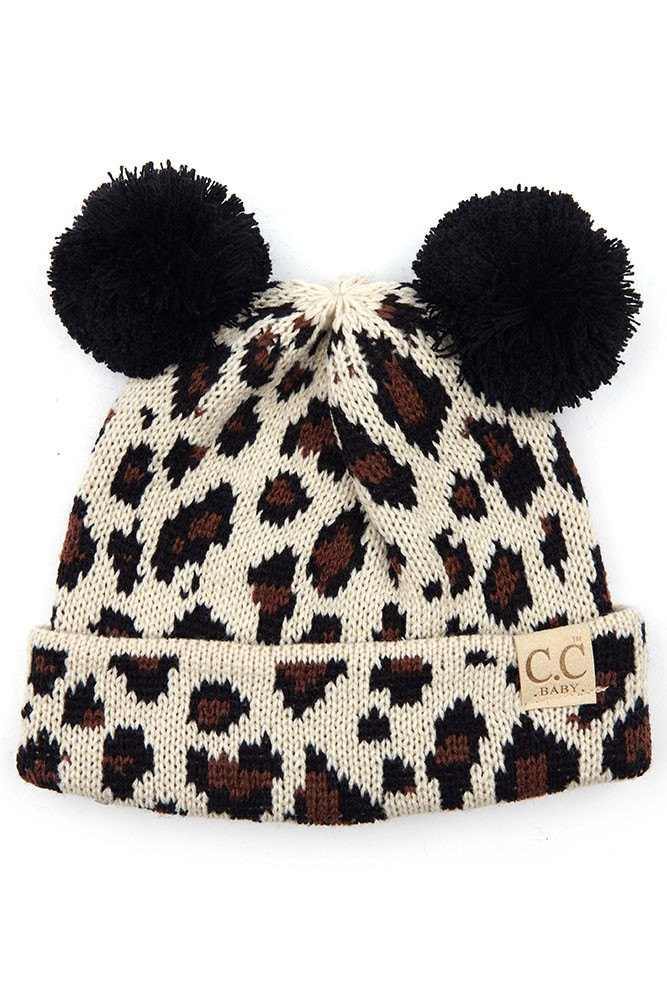 Baby Leopard Print Bear Ear Beanie in Beige