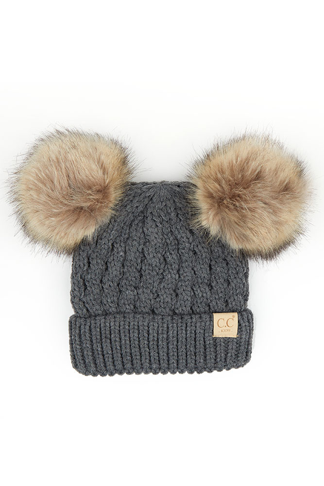 Kids Double Faux Fur Pom Pom Knit Beanie — beanie photo 2