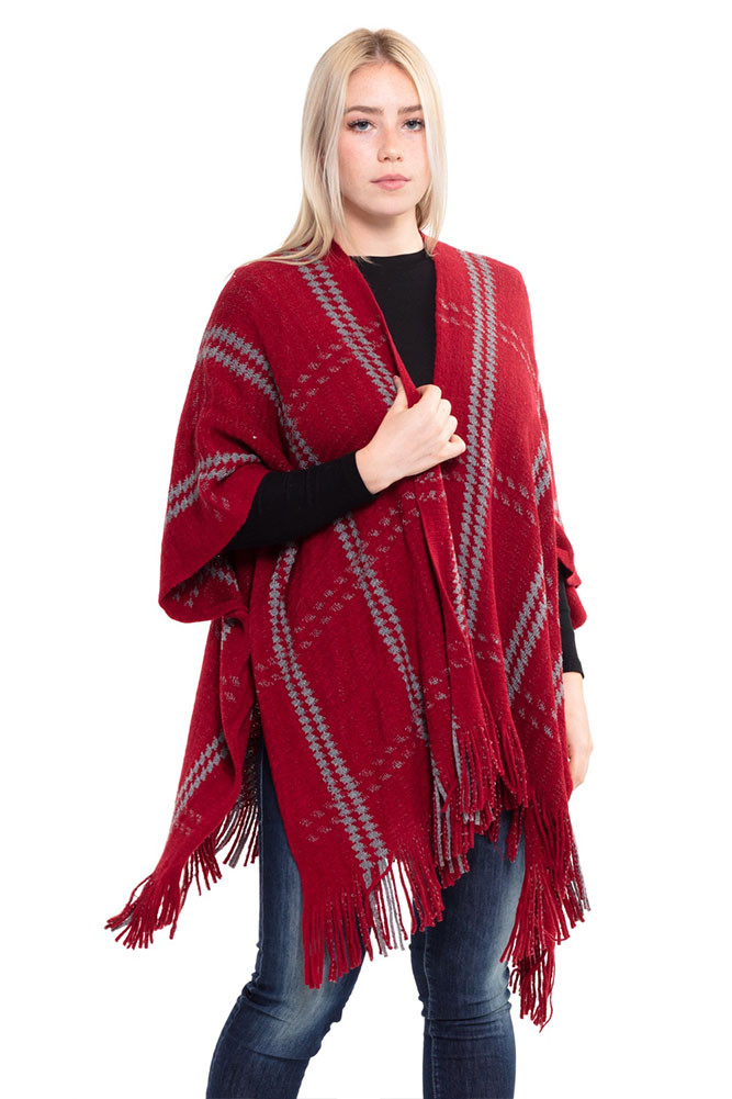 Women's Striped Poncho – Style MS0132-RED — poncho photo 2