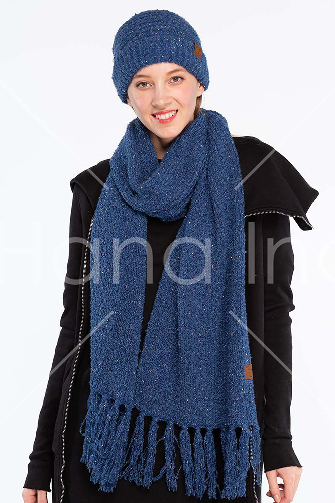 Women's Fringe Knit Oblong Scarf – Navy — scarf photo 4