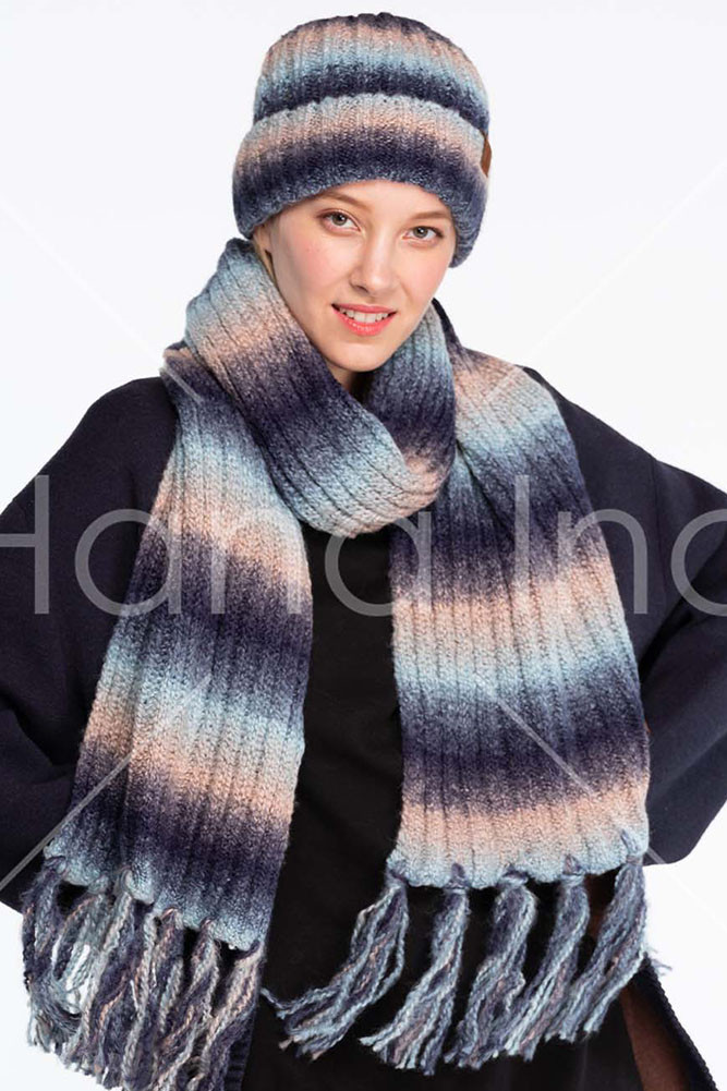 Women's Ombre Stripe Knit Fringe Scarf — scarf photo 4