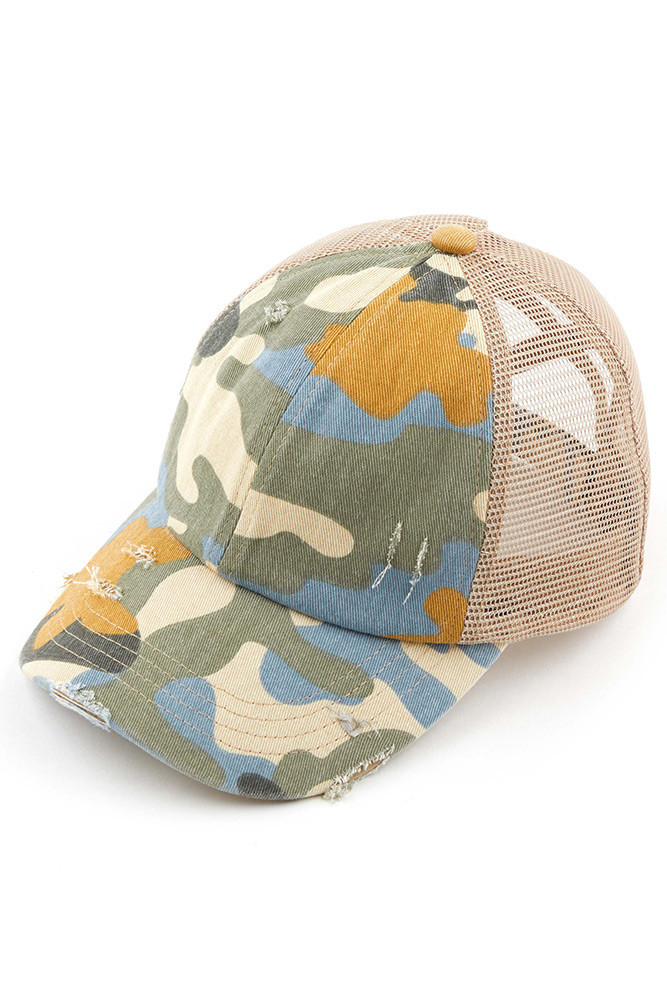 Kids Camo Mesh Ponytail Baseball Cap in Beige