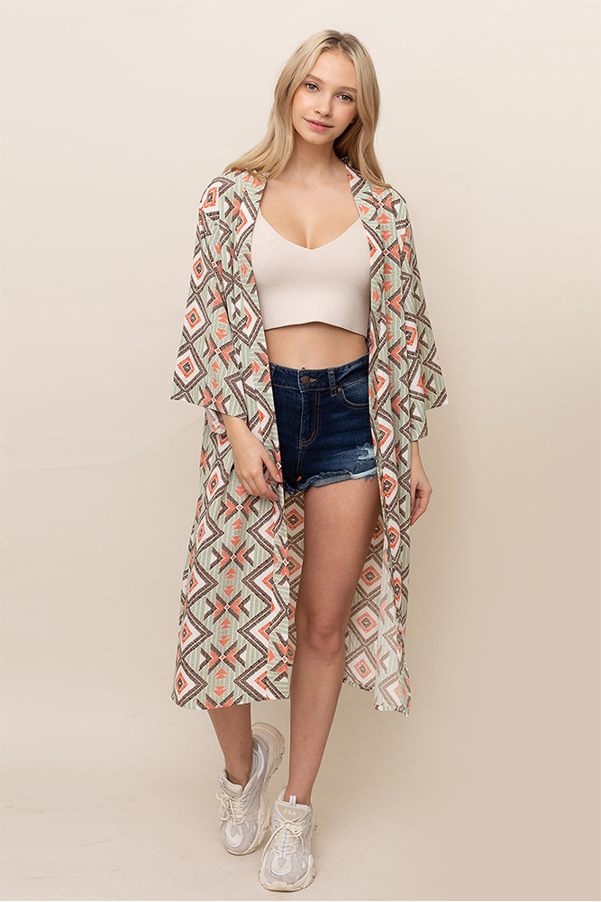 Women's Geometric Pattern Kimono in Green by BURACQ