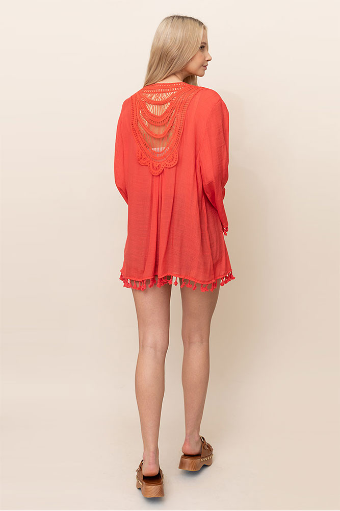 Women's Solid Cardigan with Tassels in Orange