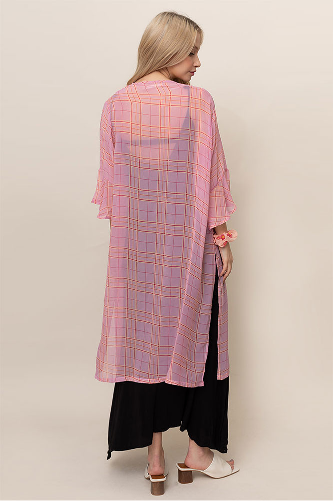 Women's Floral Sleeve Plaid Kimono in Pink