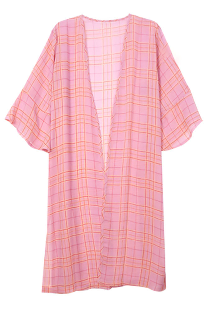 Women's Floral Sleeve Plaid Kimono in Pink