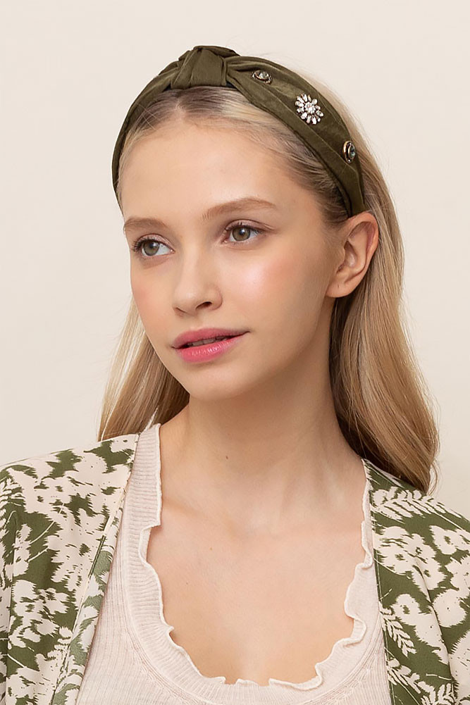 Women's Front Knot Embellished Headband in Olive by BURACQ
