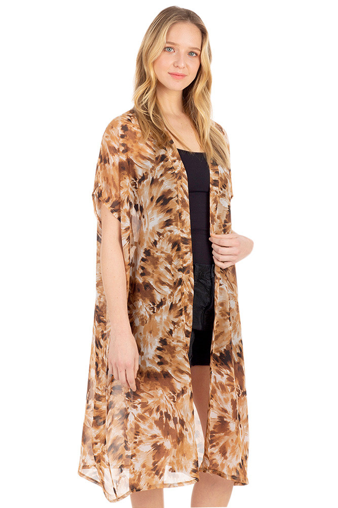 Women's Brush Print Long Kimono in Brown by BURACQ