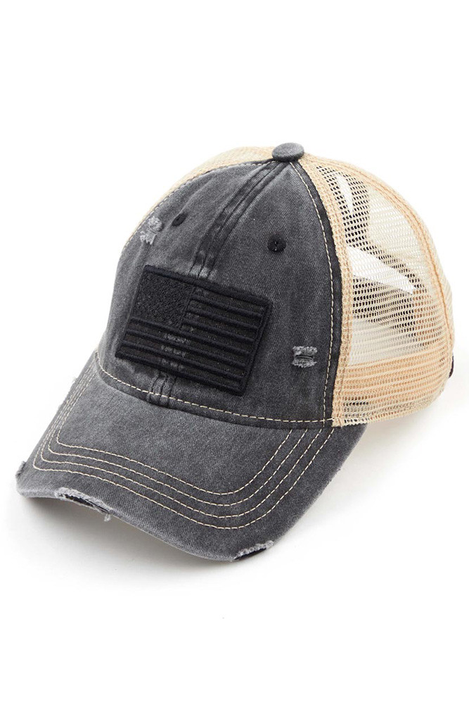Women's USA Embroidery American Flag Ponytail Cap in Black