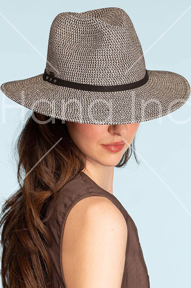 Women's Suede Band Trim Panama Sun Hat in Black