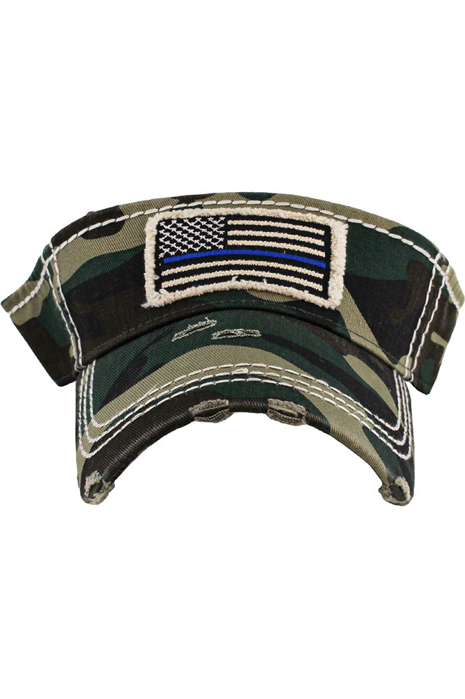 Women's Blue Line Flag Vintage American Flag Sun Visor in Camo