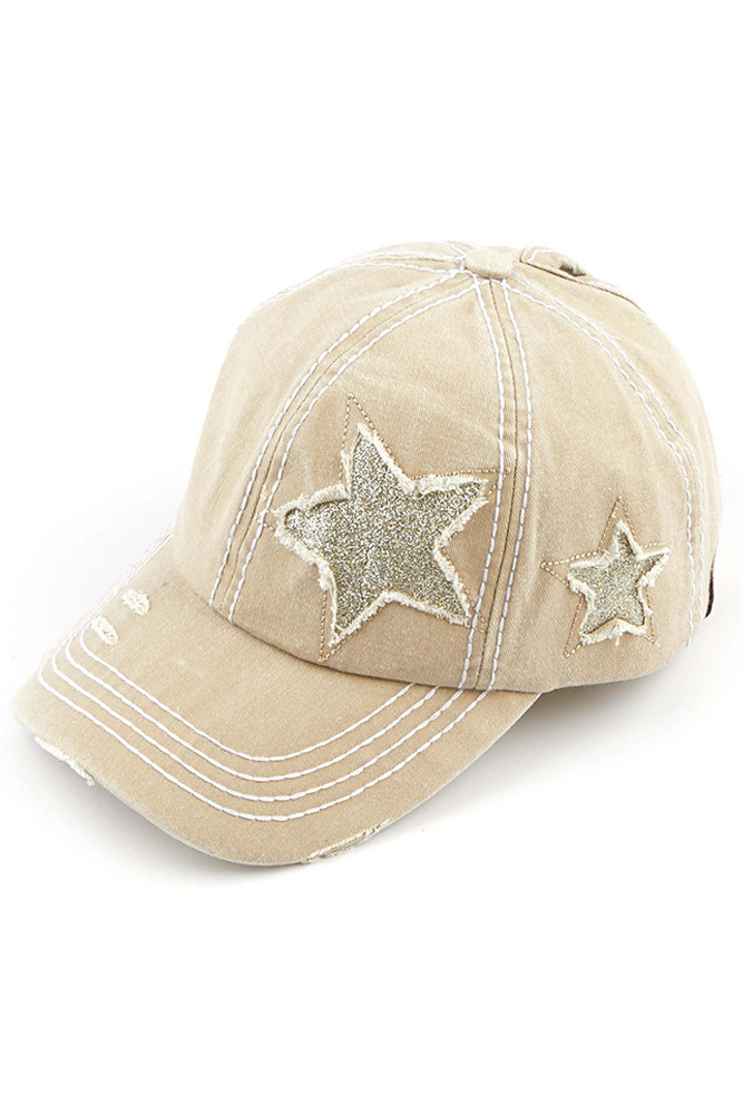 Women's Glitter Star Baseball Ponytail Cap in Beige