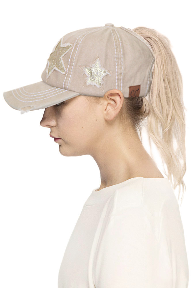 Women's Glitter Star Baseball Ponytail Cap in Beige