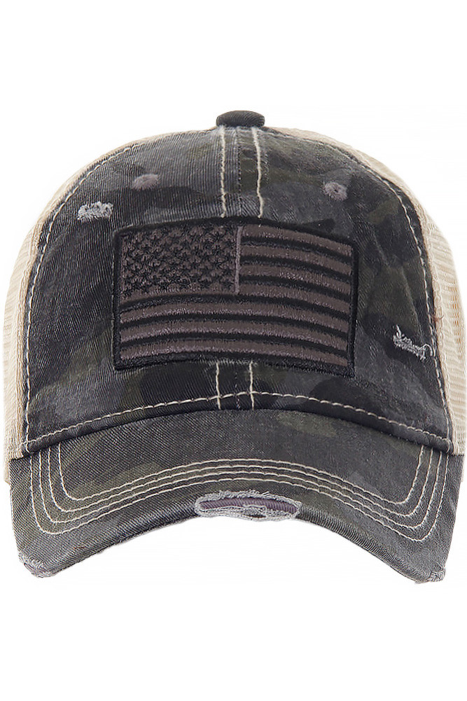 Women's Camouflage Flag American Flag Baseball Ponytail Cap in Black