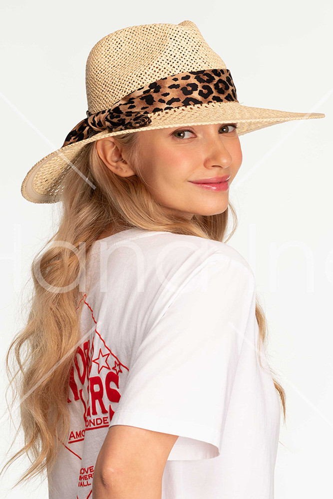Women's Leopard Band Panama Hat in Natural by BURACQ