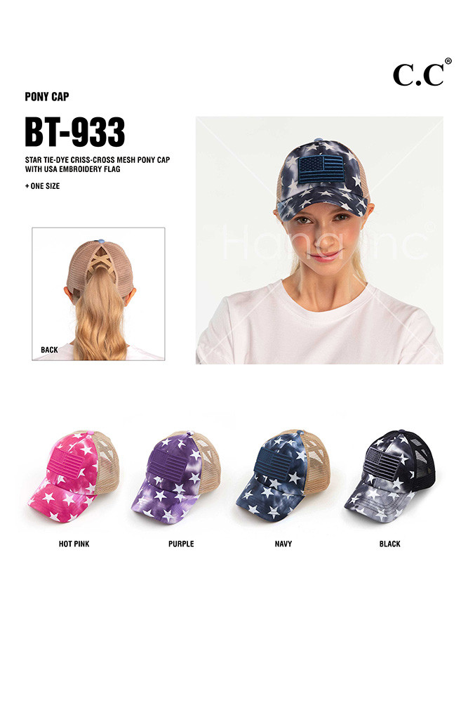 Women's Tie Dye Star American Flag Criss-Cross Ponytail Cap — cap photo 3