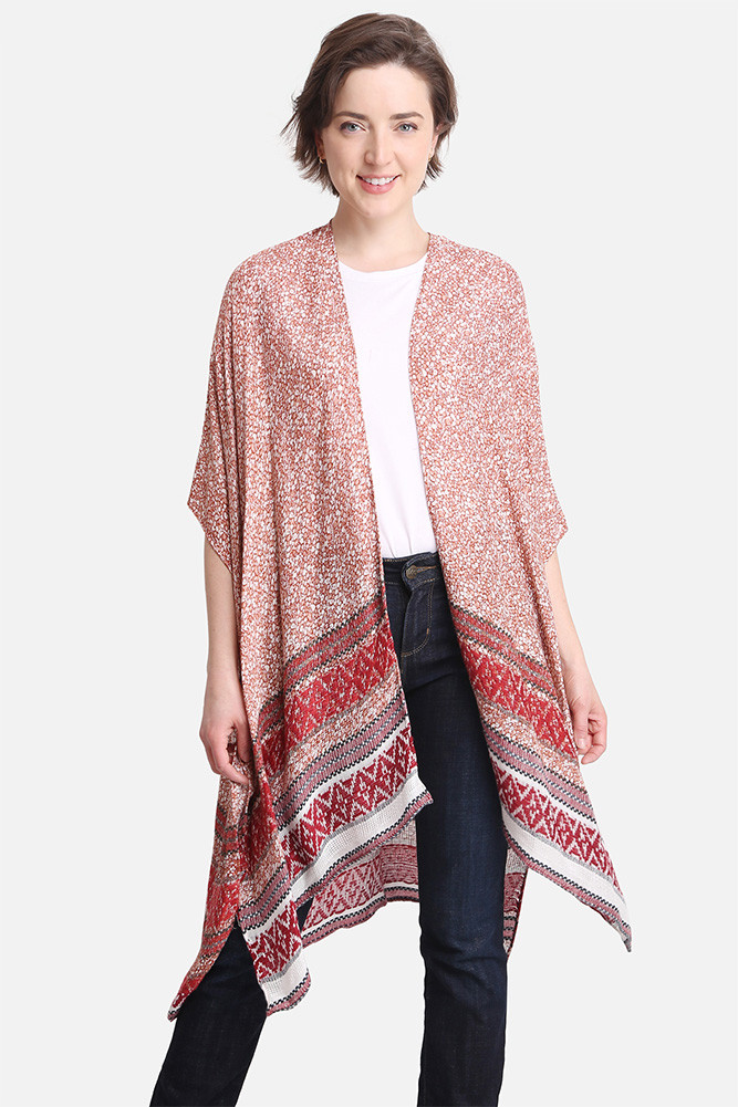 Women's Stripes and Floral Pattern Print Kimono in Red by BURACQ