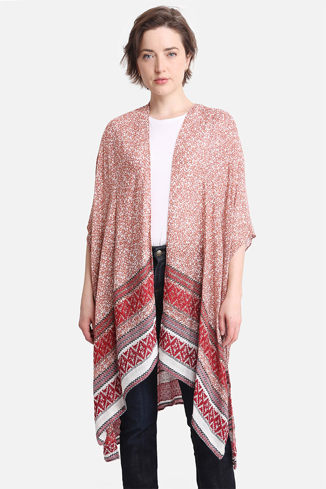 Women's Stripes and Floral Pattern Print Kimono in Red