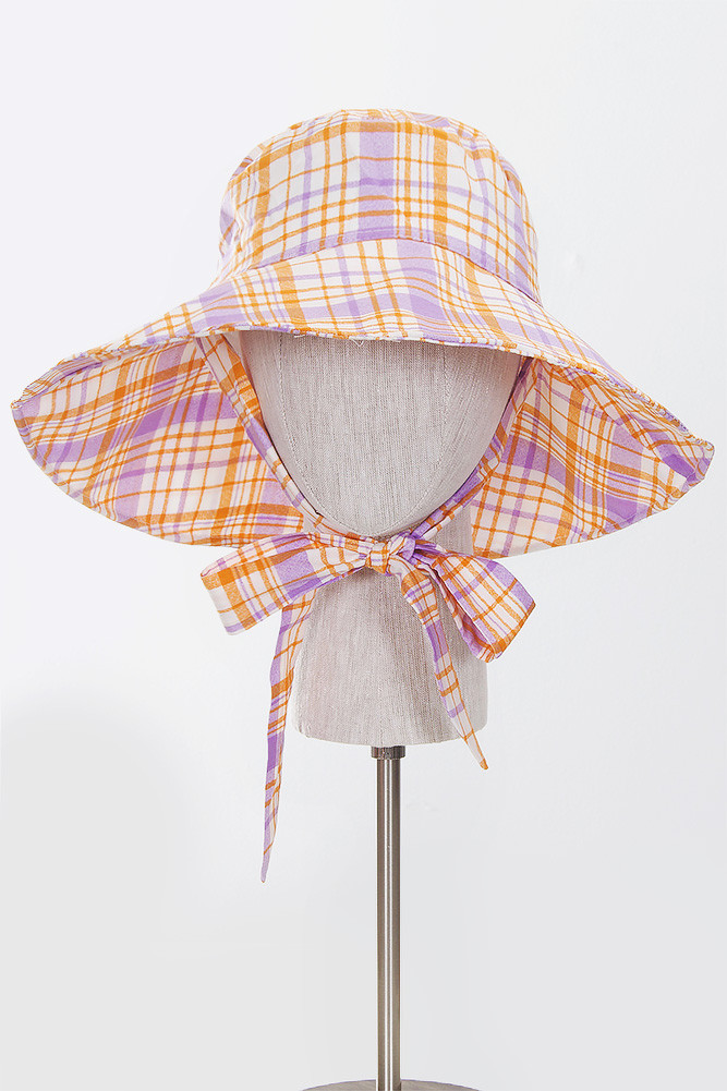 Women's Plaid Chin Tie Bucket Hat in Lavender