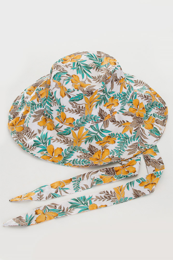 Women's Hibiscus Chin Tie Bucket Hat in Yellow