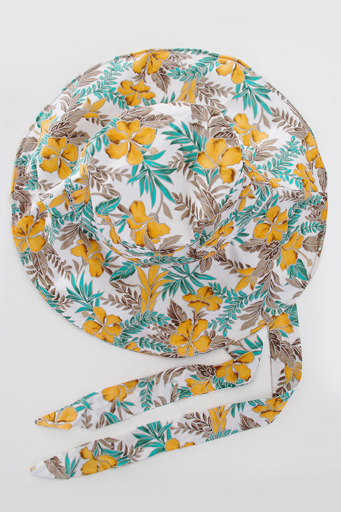 Women's Hibiscus Chin Tie Bucket Hat in Yellow