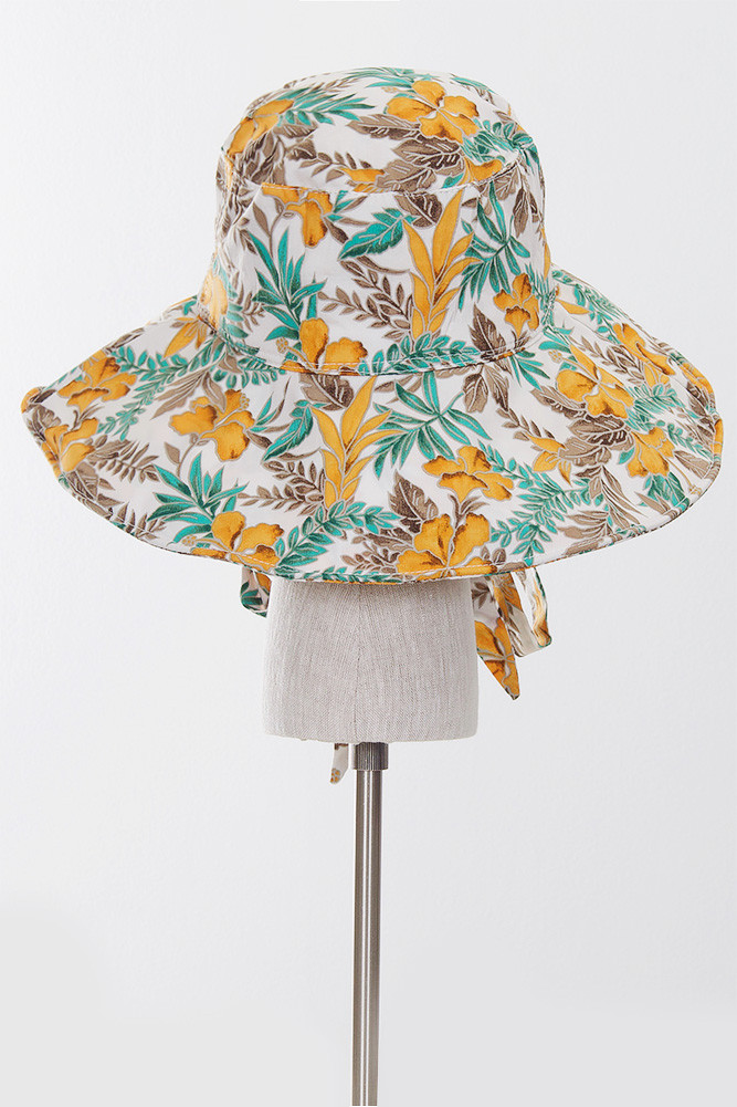 Women's Hibiscus Chin Tie Bucket Hat in Yellow