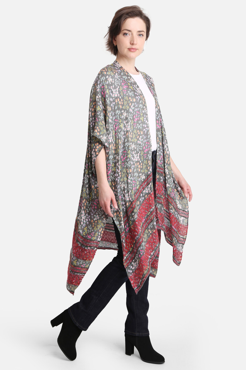 Women's Stripes and Floral Pattern Print Kimono in Gray
