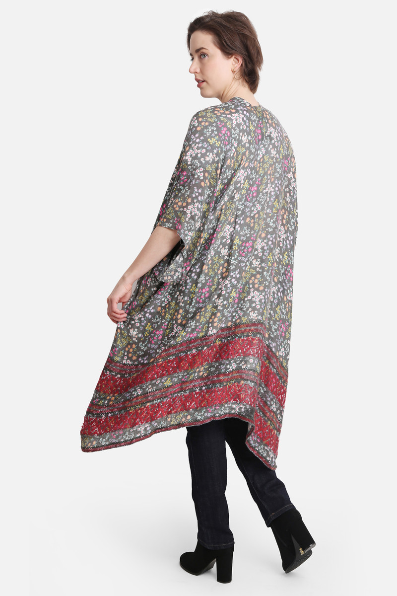 Women's Stripes and Floral Pattern Print Kimono in Gray