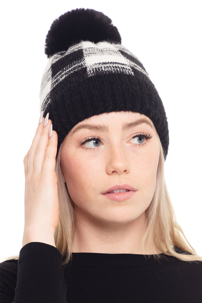 Women's Buffalo Plaid Pom Beanie in Black