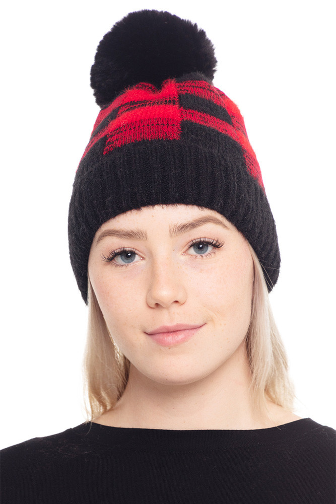 Women's Buffalo Plaid Pom Beanie in Red