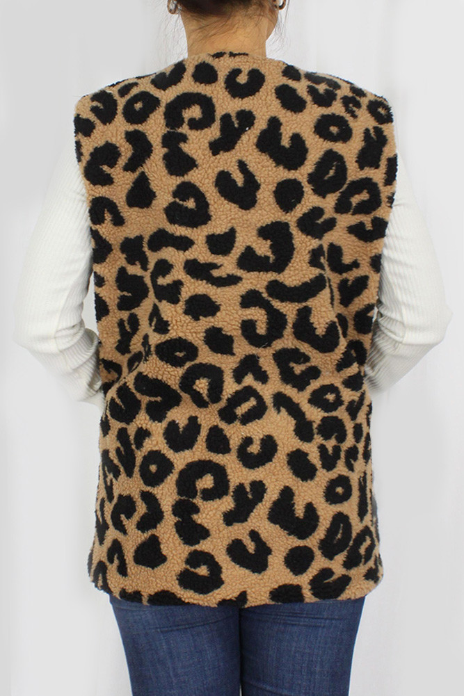 Women's Leopard Teddy Fur Vest in Taupe by BURACQ