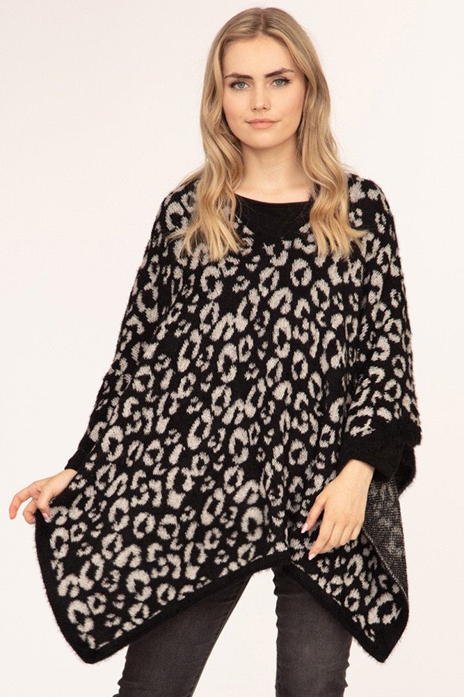 Women's Leopard Print Poncho in Black