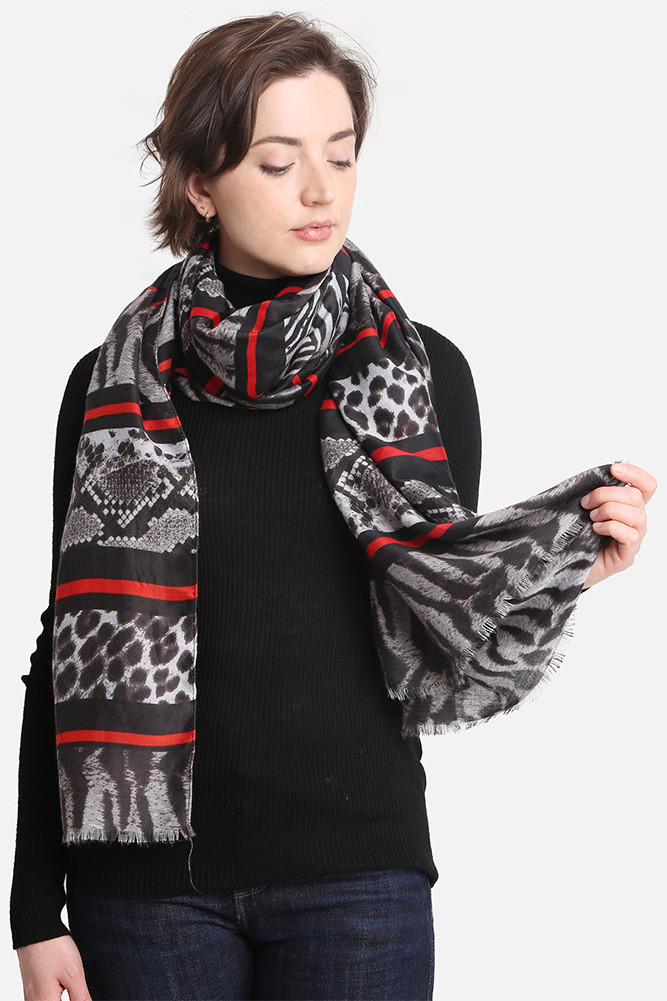 Women's Mixed Animal Pattern Oblong Scarf in Black