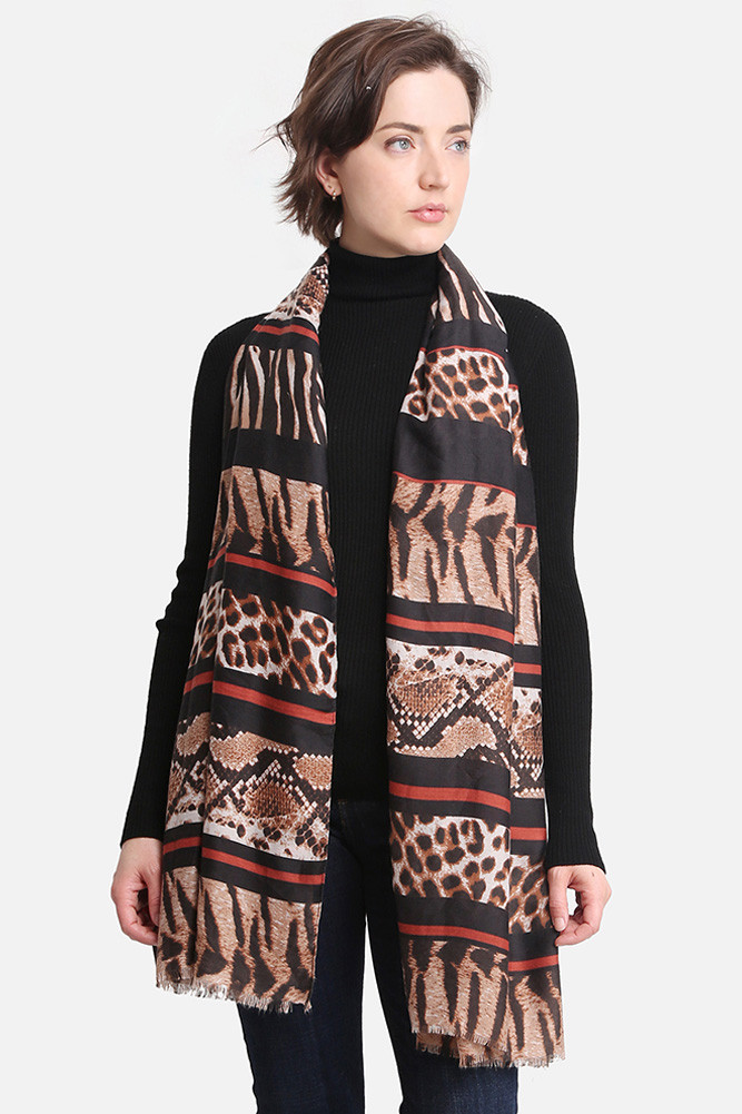 Women's Mixed Animal Pattern Oblong Scarf in Brown