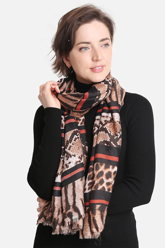 Women's Mixed Animal Pattern Oblong Scarf in Brown