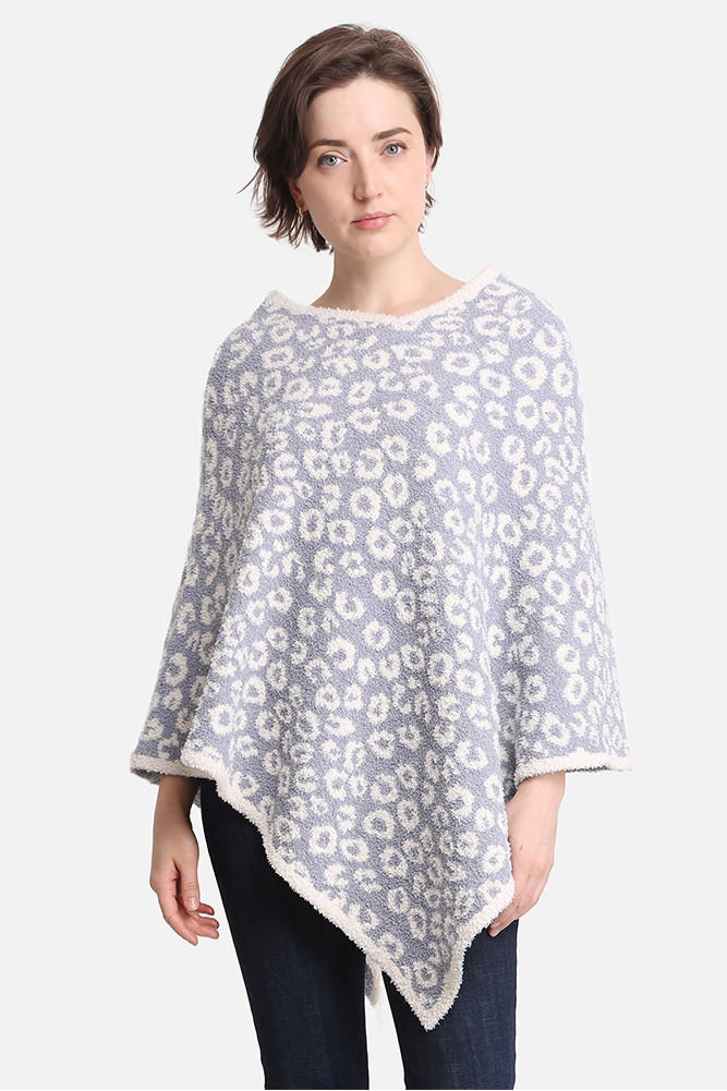 Women's Leopard Print Solid Trim Soft Poncho in Blue by BURACQ