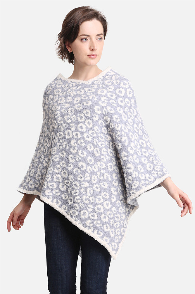 Women's Leopard Print Solid Trim Soft Poncho in Blue