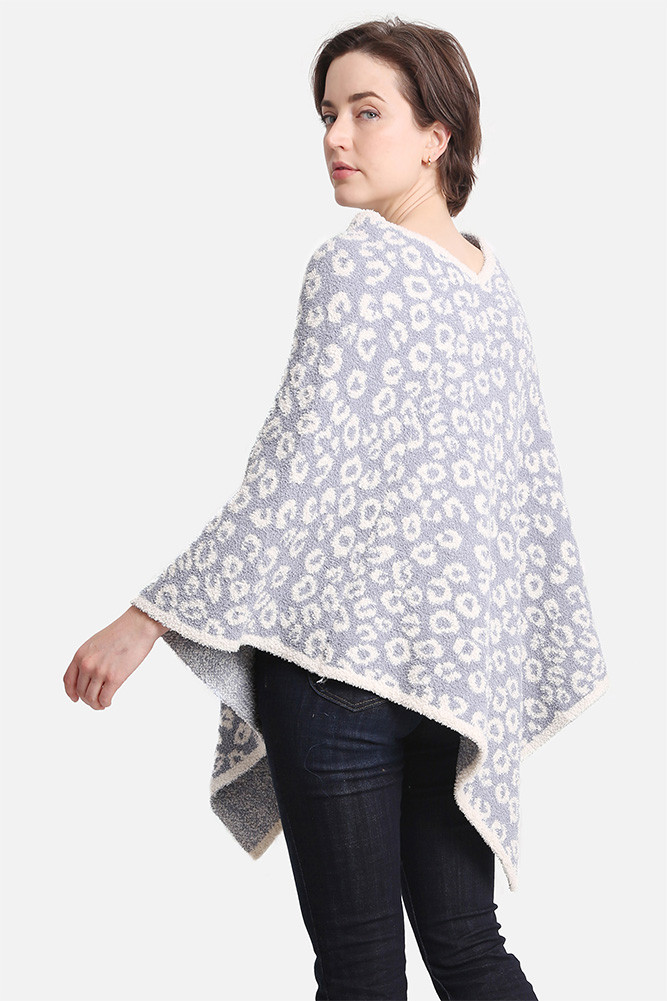 Women's Leopard Print Solid Trim Soft Poncho in Blue