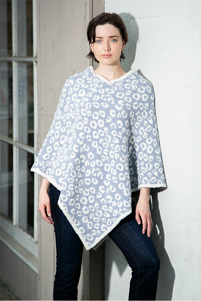 Women's Leopard Print Solid Trim Soft Poncho in Blue