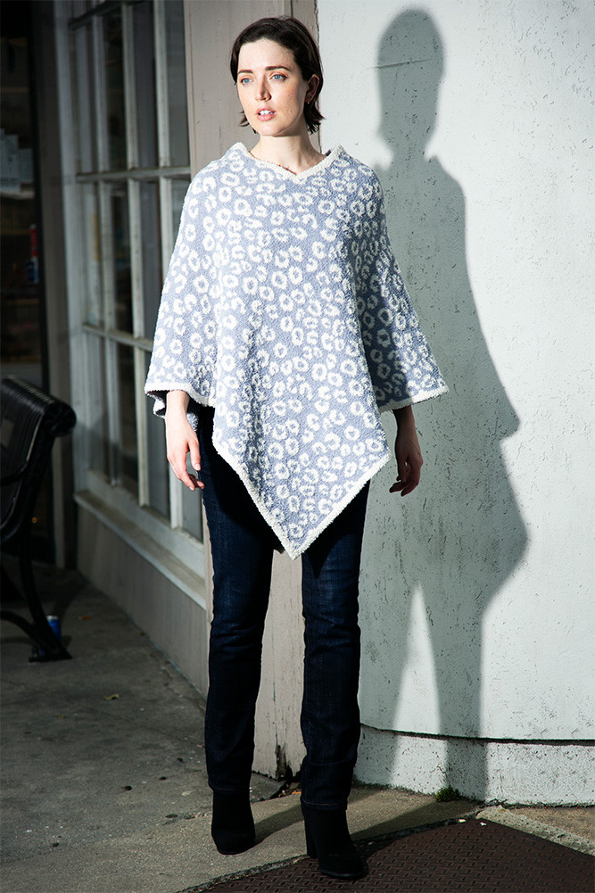 Women's Leopard Print Solid Trim Soft Poncho in Blue