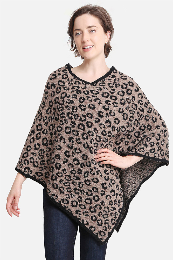 Women's Leopard Print Solid Trim Soft Poncho in Coffee by BURACQ