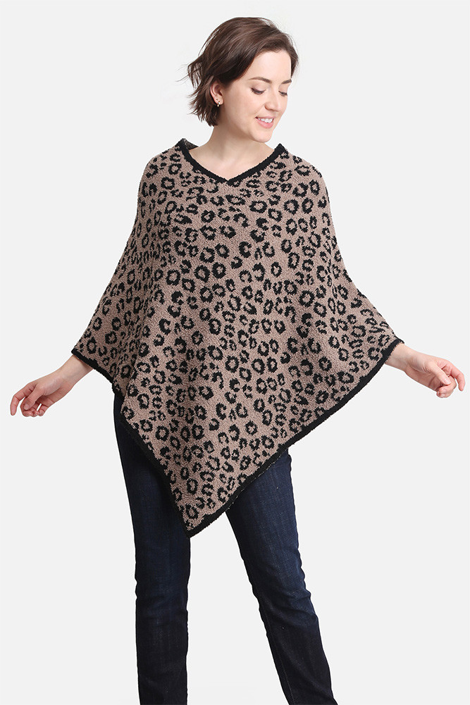 Women's Leopard Print Solid Trim Soft Poncho in Coffee